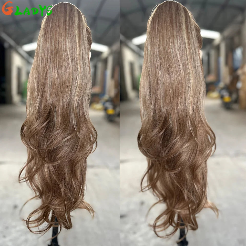 Extensions cheveux queue de cheval synthétiques ondulées Ombré Blond 70 cm avec cordon de serrage, 28 pouces, 180g/pièce( Ponytail)