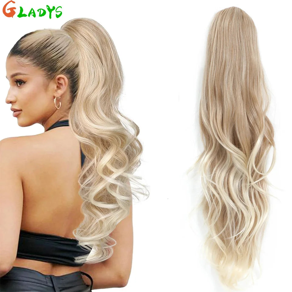 Extensions cheveux queue de cheval synthétiques ondulées Ombré Blond 70 cm avec cordon de serrage, 28 pouces, 180g/pièce( Ponytail)