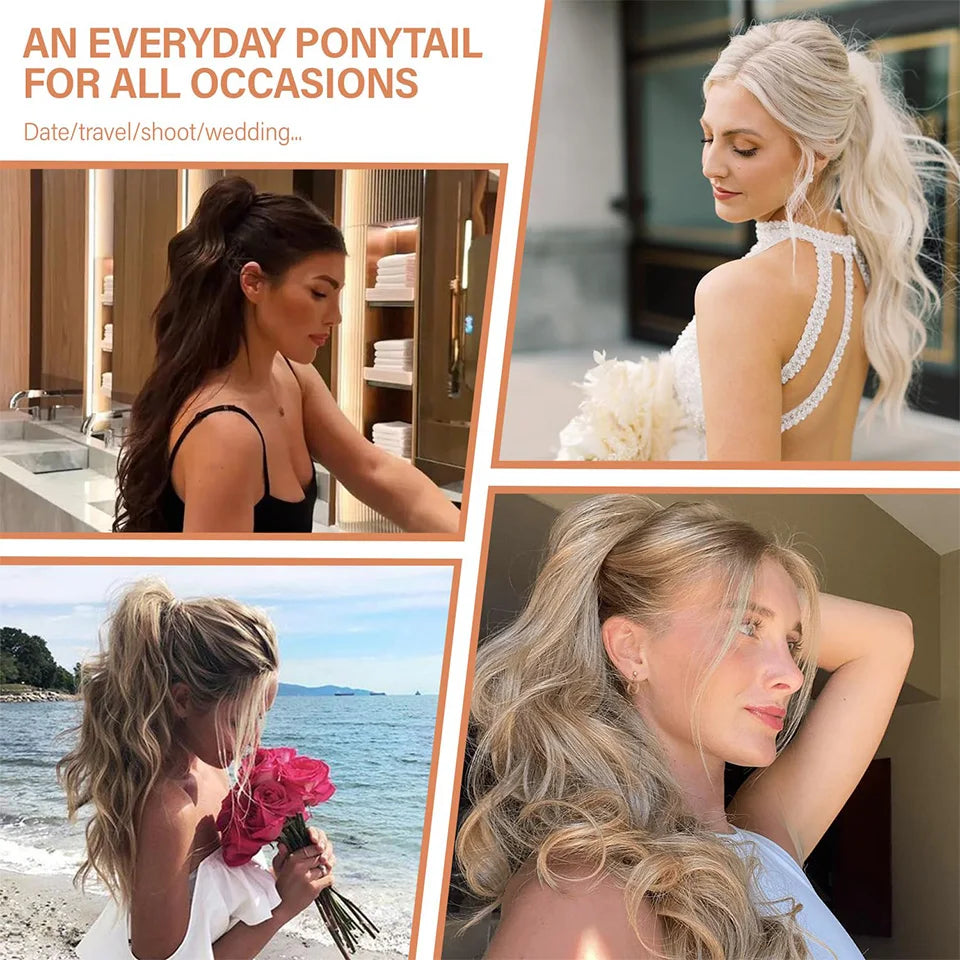 Extensions cheveux queue de cheval synthétiques ondulées Ombré Blond 70 cm avec cordon de serrage, 28 pouces, 180g/pièce( Ponytail)