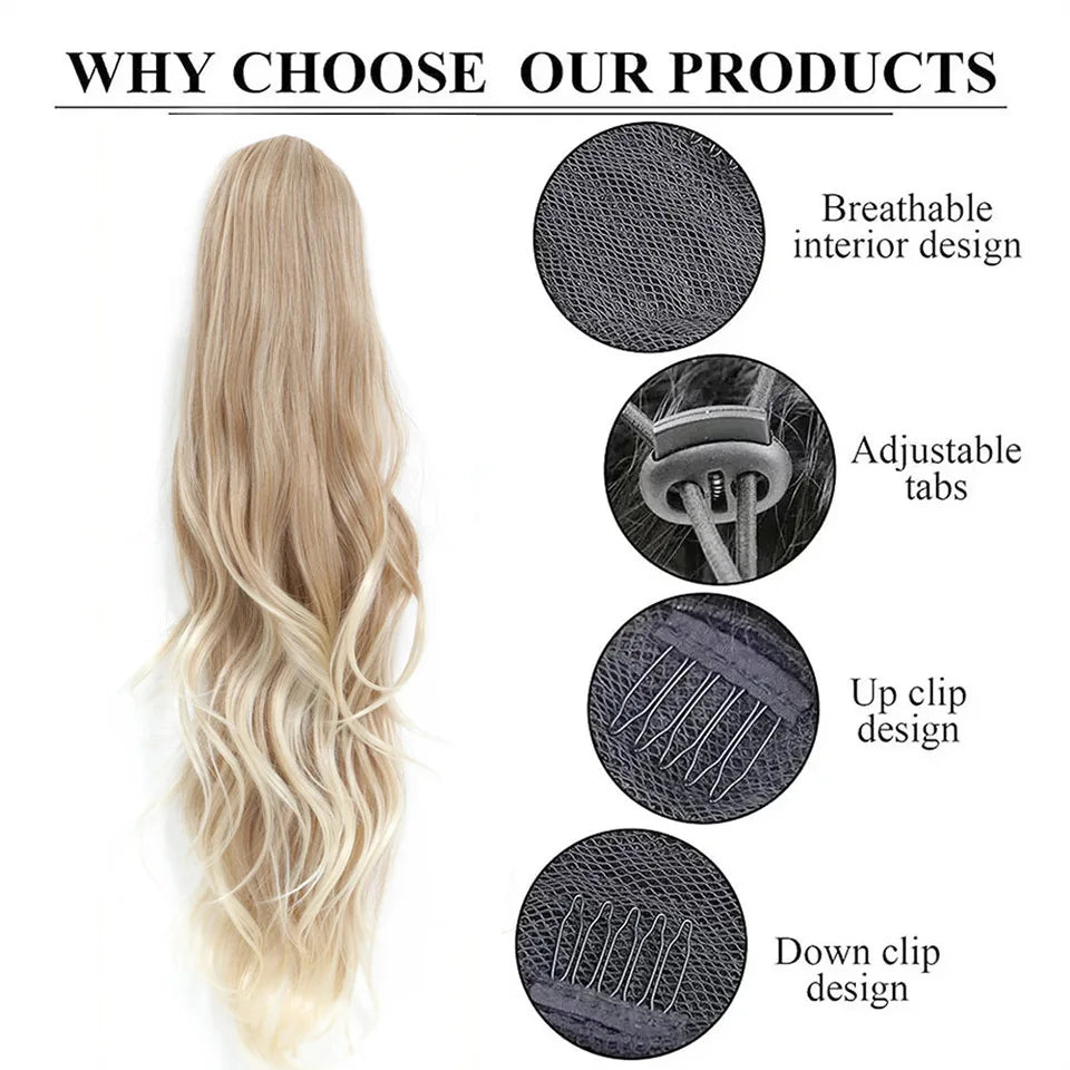 Extensions cheveux queue de cheval synthétiques ondulées Ombré Blond 70 cm avec cordon de serrage, 28 pouces, 180g/pièce( Ponytail)