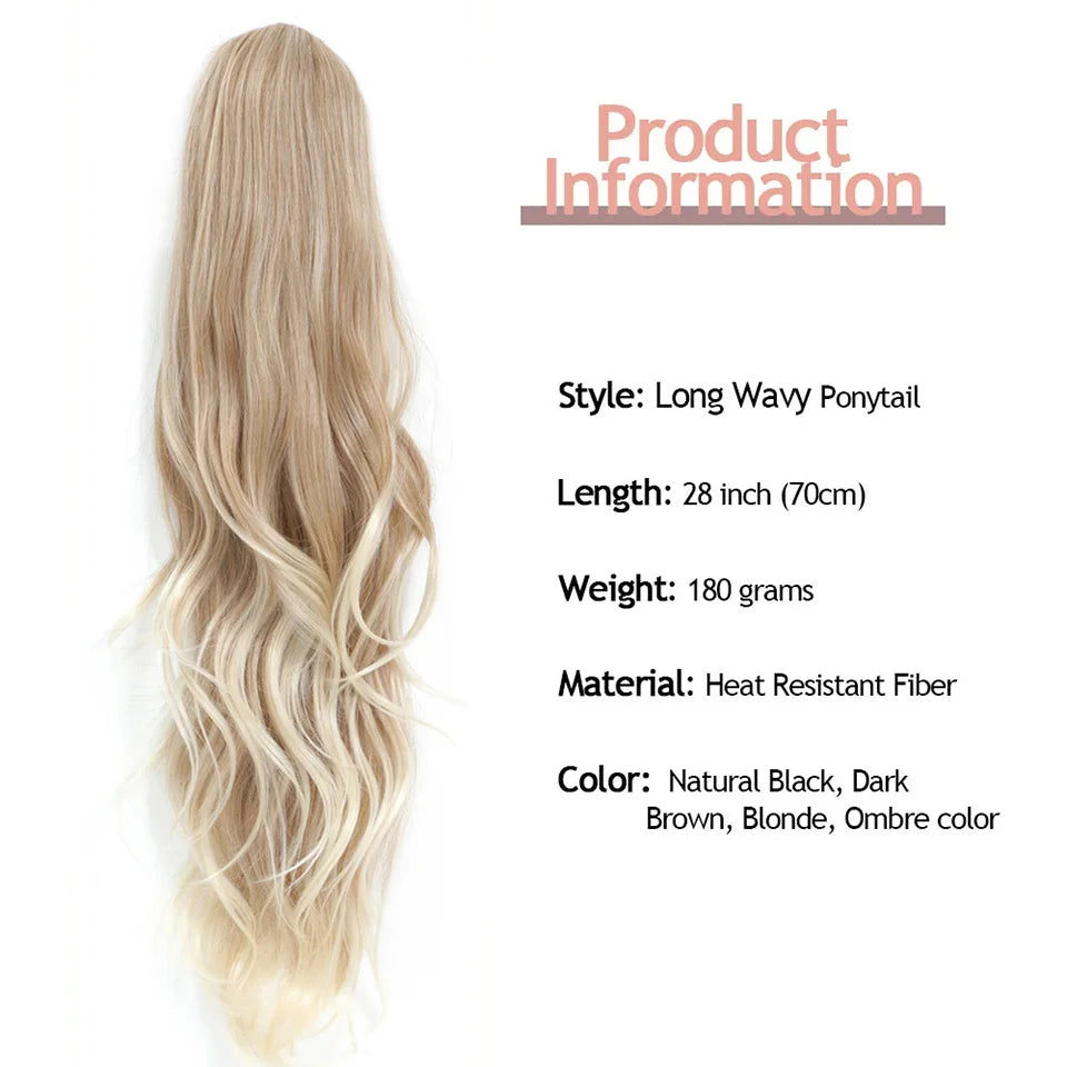 Extensions cheveux queue de cheval synthétiques ondulées Ombré Blond 70 cm avec cordon de serrage, 28 pouces, 180g/pièce( Ponytail)