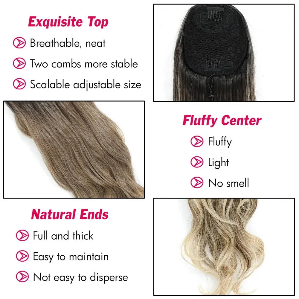 Extensions cheveux queue de cheval synthétiques ondulées Ombré Blond 70 cm avec cordon de serrage, 28 pouces, 180g/pièce( Ponytail)
